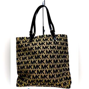 Michael Kors Brown/Tan with black Logo Jacquard/Leather Trim Magnet Close Tote